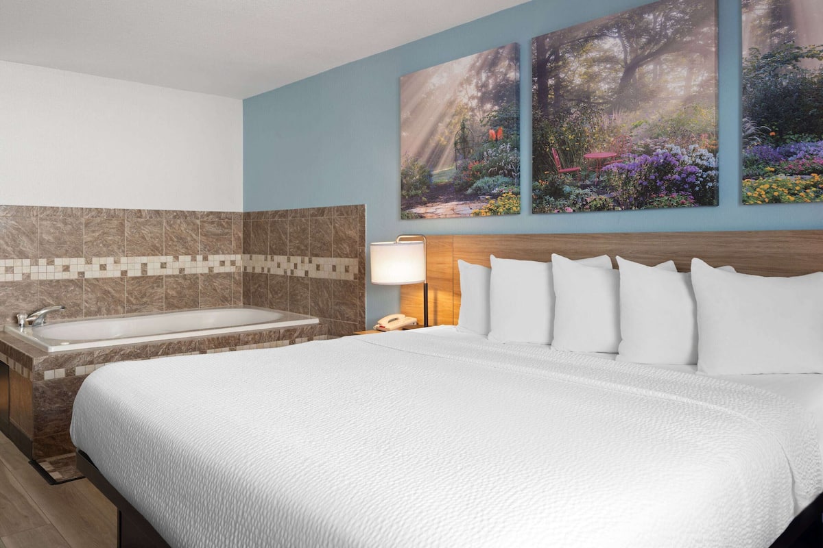 Una habitación de hotel con una cama grande, una bañera y tres cuadros colgados en la pared.