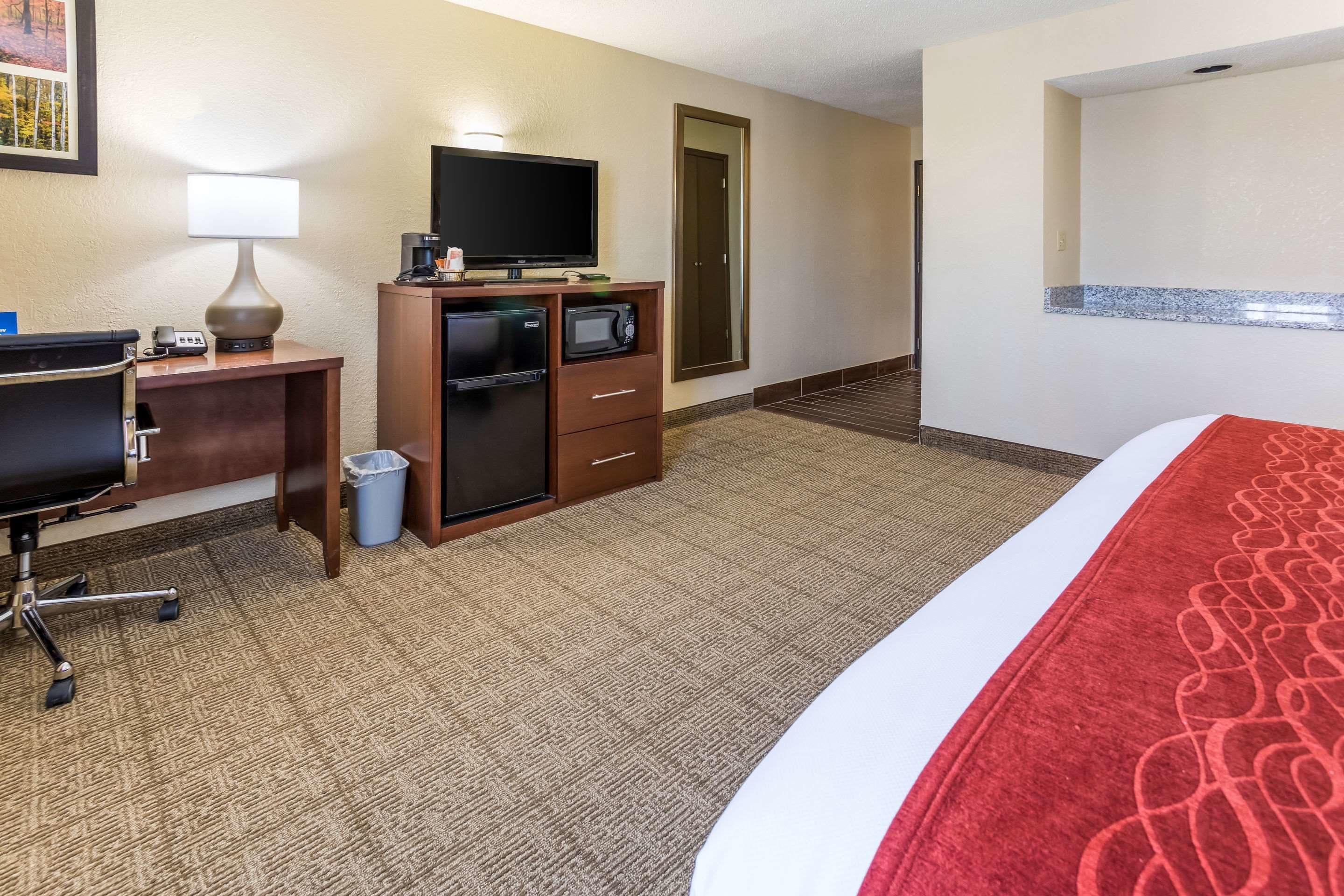 A hotel room with a bed, desk, TV, microwave, and a trash bin.
