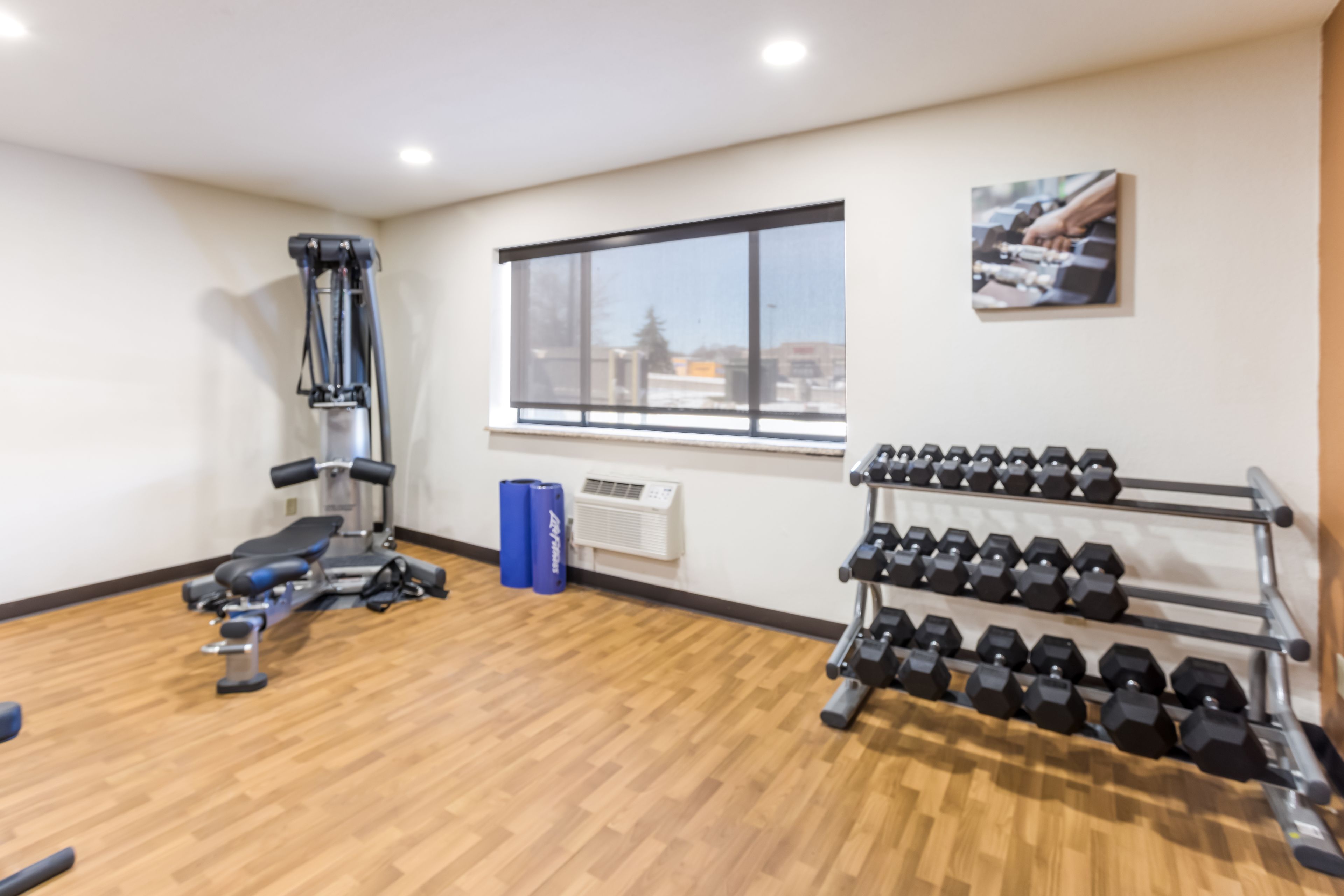 Un gimnasio con equipo de ejercicio, un ventanal con vistas y un cuadro colgado en la pared.