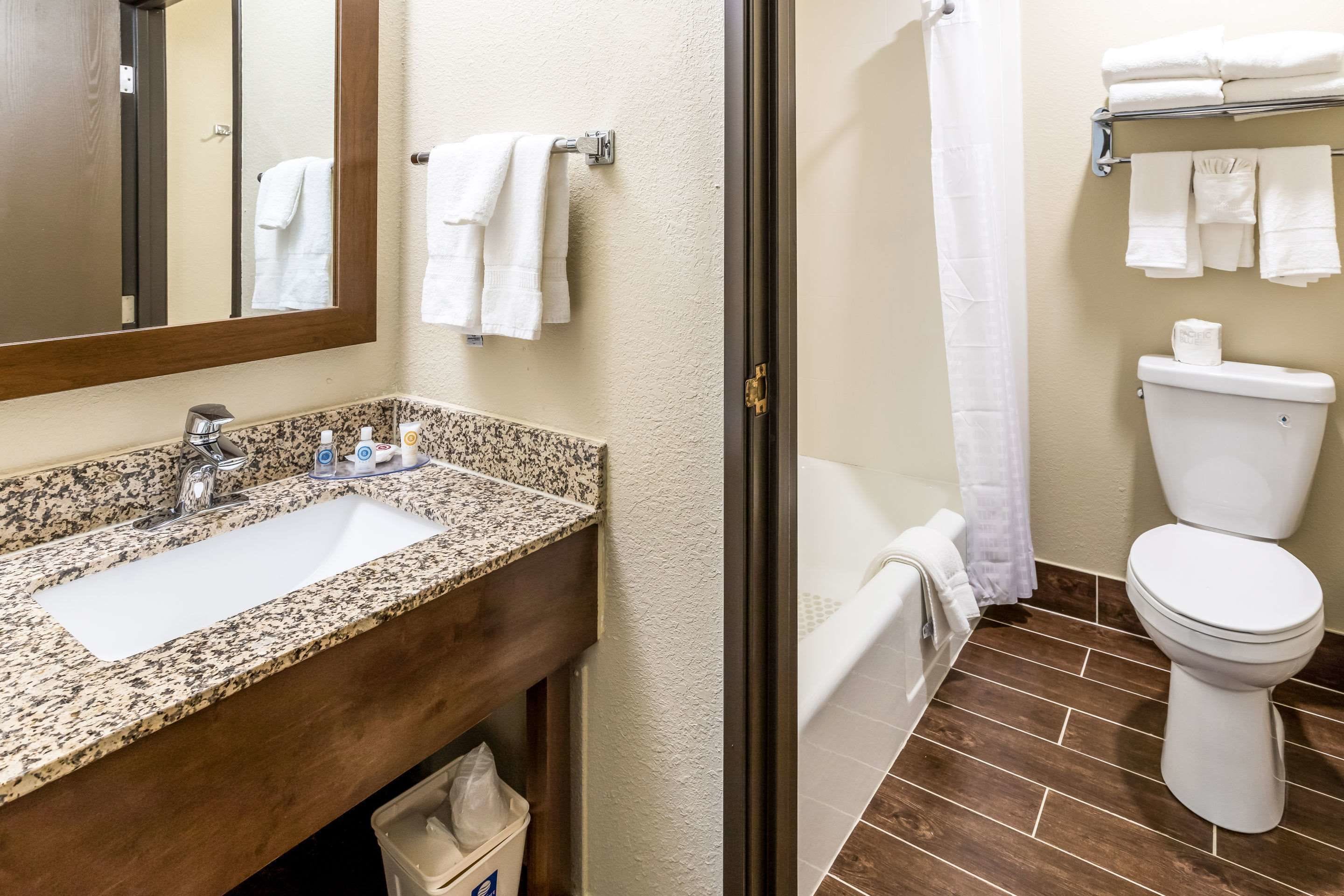 Bagno con lavabo in granito, servizi igienici e zona doccia.