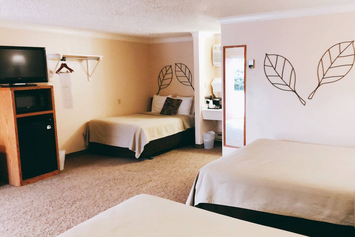 A hotel room with two beds, a TV, a desk, and a mirror.