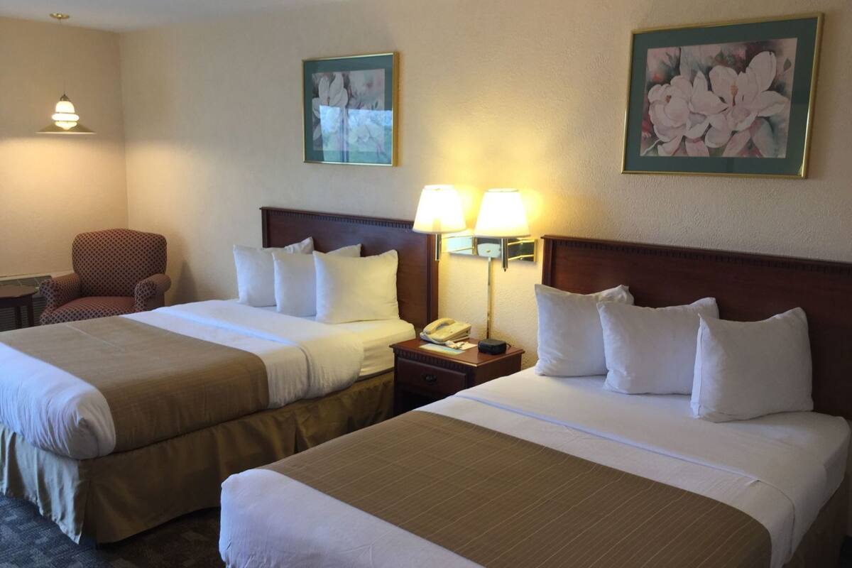 A hotel room with two beds, a chair, a nightstand with a lamp, and two framed floral paintings on the wall.