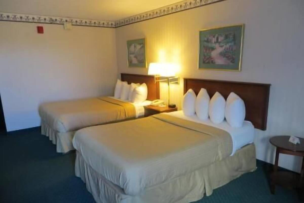 A hotel room with two beds, a nightstand, a lamp, and two paintings on the wall.