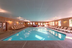 Indoor pool, seasonal outdoor pool, pool loungers
