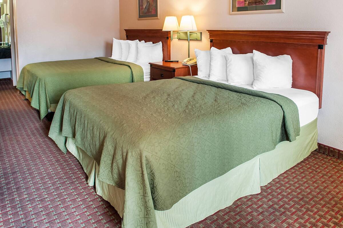 Ein Hotelzimmer mit zwei Betten, jeweils mit grüner Bettwäsche, einem Holz-Kopfteil, einem Nachttisch mit Lampe und einem Telefon.