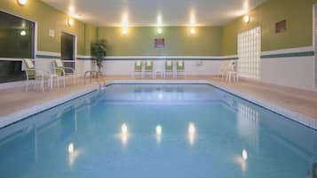 Indoor pool, open 9:00 AM to 10:00 PM, sun loungers