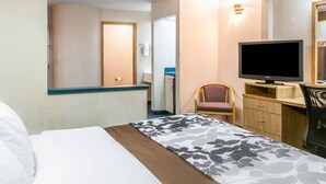 Et hotelværelse med en seng, et skrivebord med fjernsyn, en stol og et klædeskab.