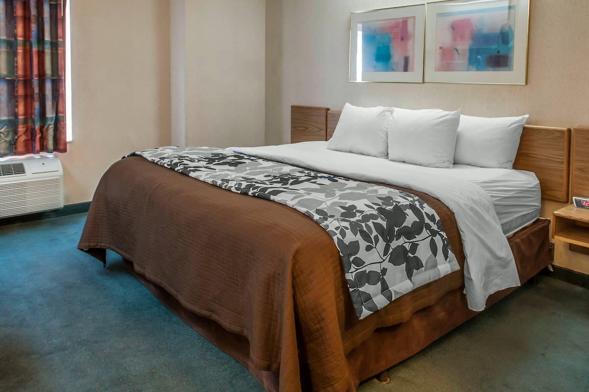 A hotel room with a large bed, a bedside table, a nightstand, and a wall-mounted air conditioner.
