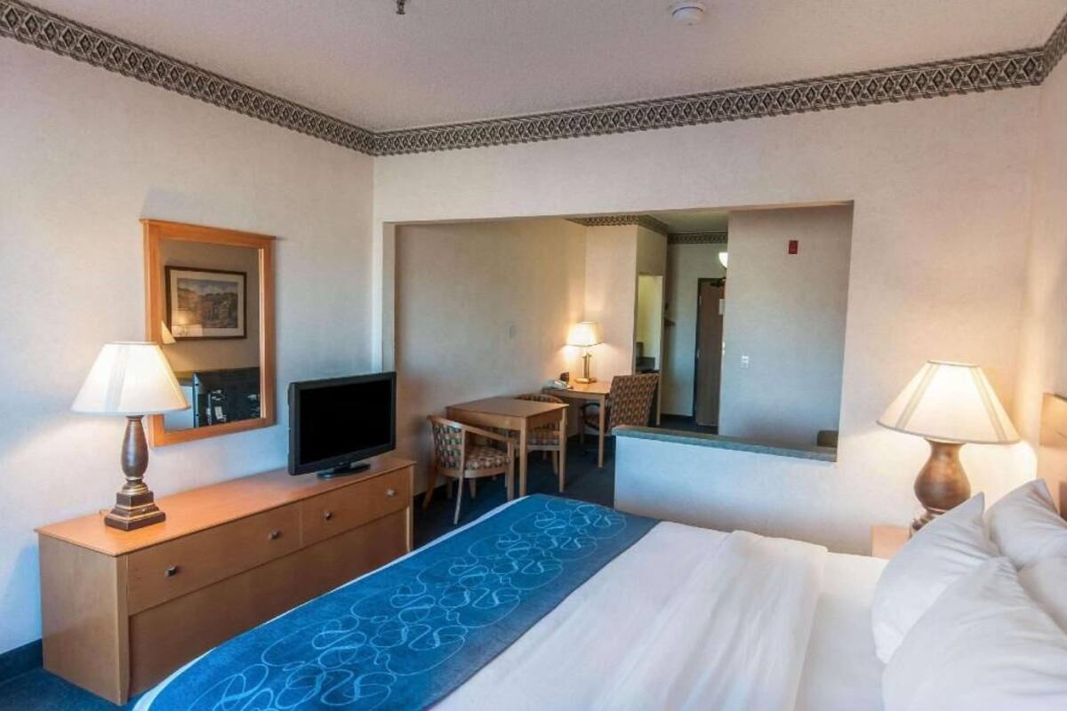 A hotel room with a bed, a desk, a television, and two lamps.
