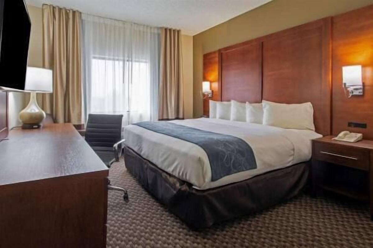 A hotel room with a large bed, a desk with a lamp, a chair, and a nightstand with a phone.