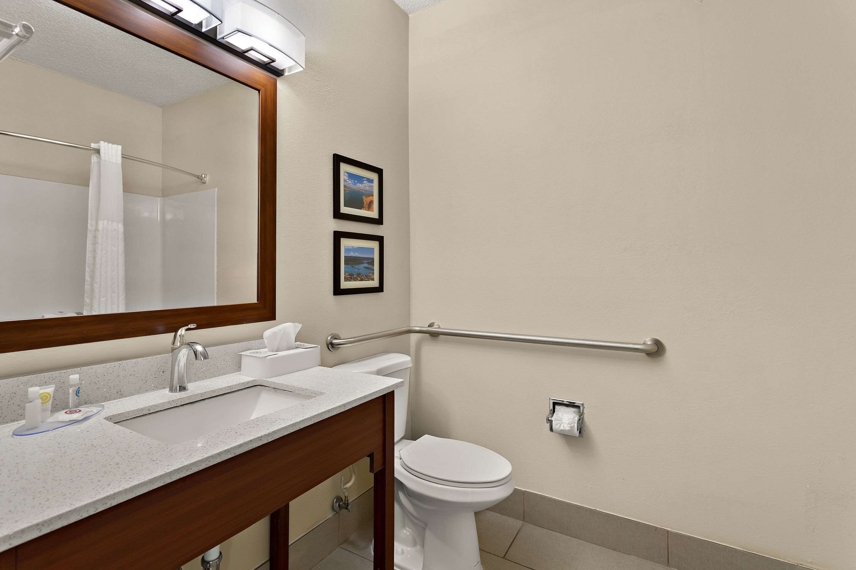 Un baño con lavamanos, espejo, inodoro y barandilla.