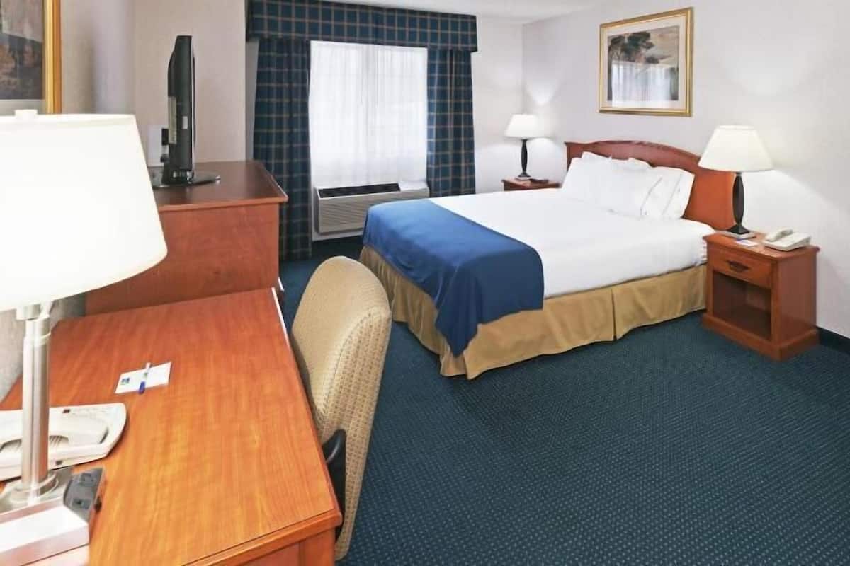 Desk, laptop workspace, blackout curtains, iron/ironing board