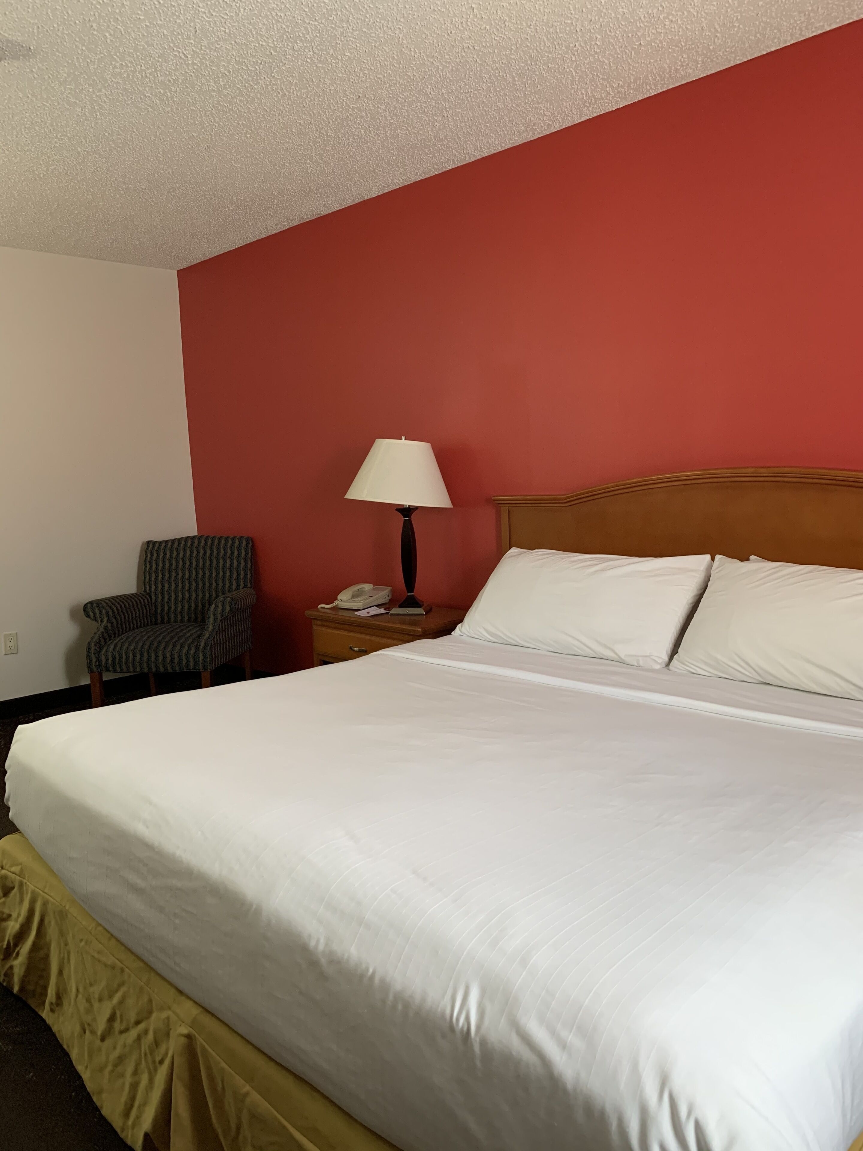 A hotel room with a large bed, a chair, a bedside table with a lamp, and a telephone.