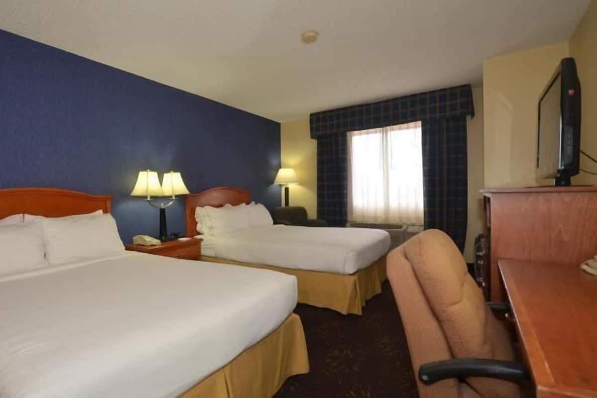 Desk, laptop workspace, blackout curtains, iron/ironing board