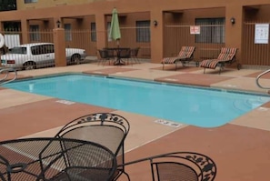 Seasonal outdoor pool, sun loungers