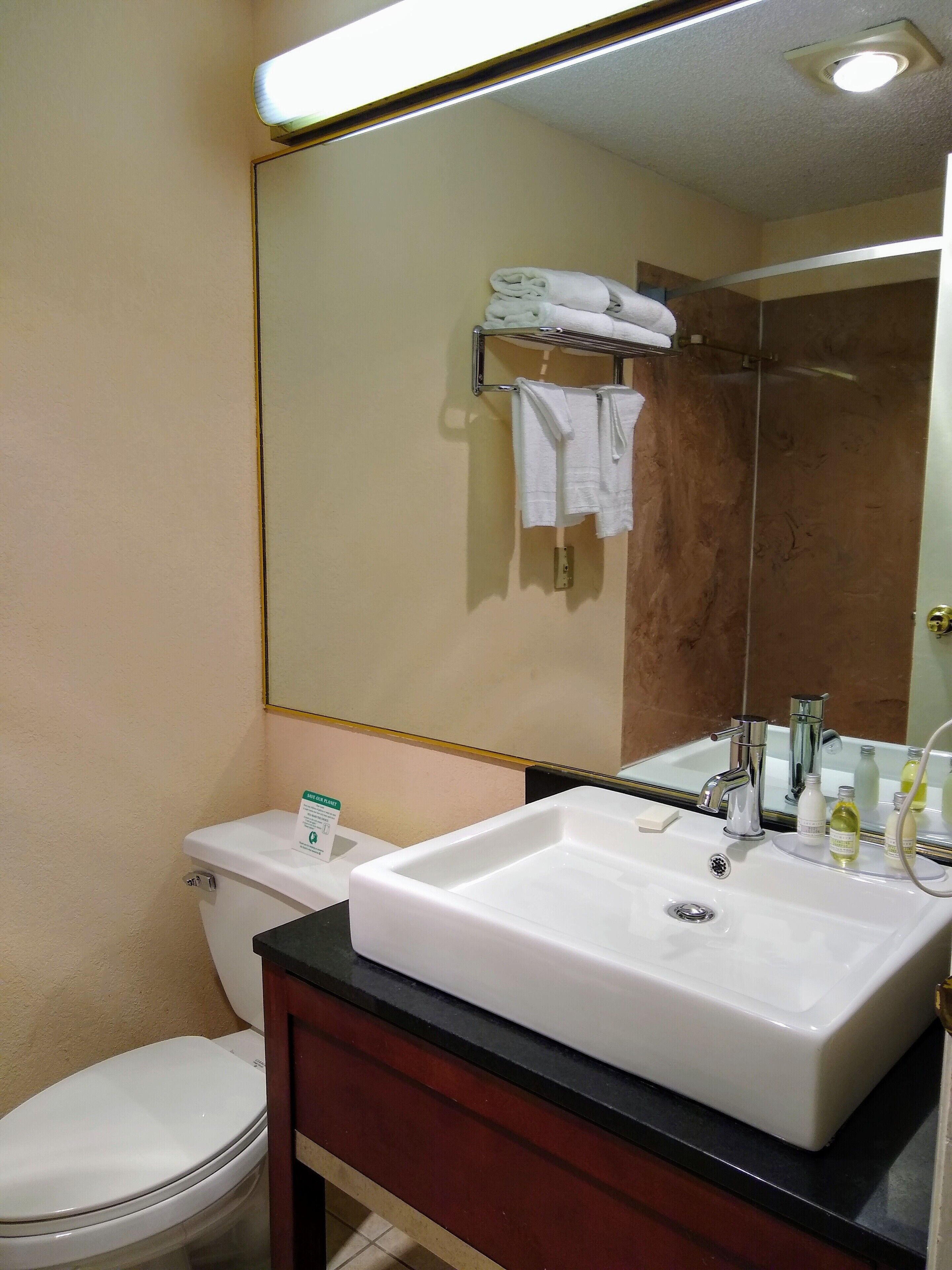 A bathroom with a white sink, a mirror, and a toilet.