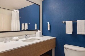 Hair dryer, towels, soap, shampoo