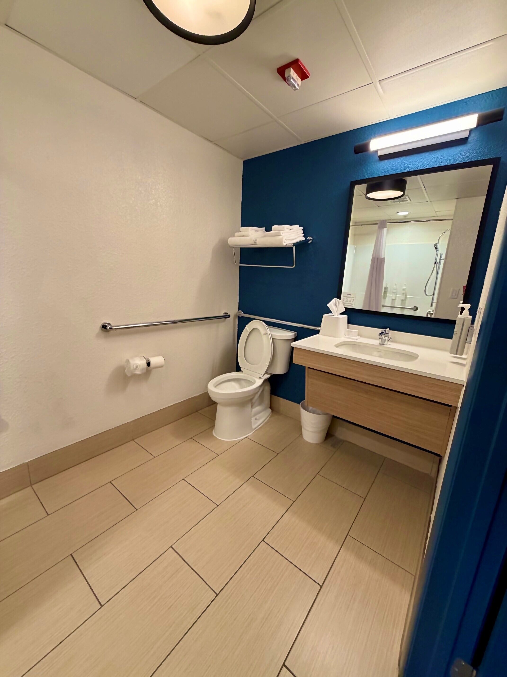 Ein Badezimmer mit Toilette, Waschbecken, Spiegel, Handtuchhalter und Haltegriffen.
