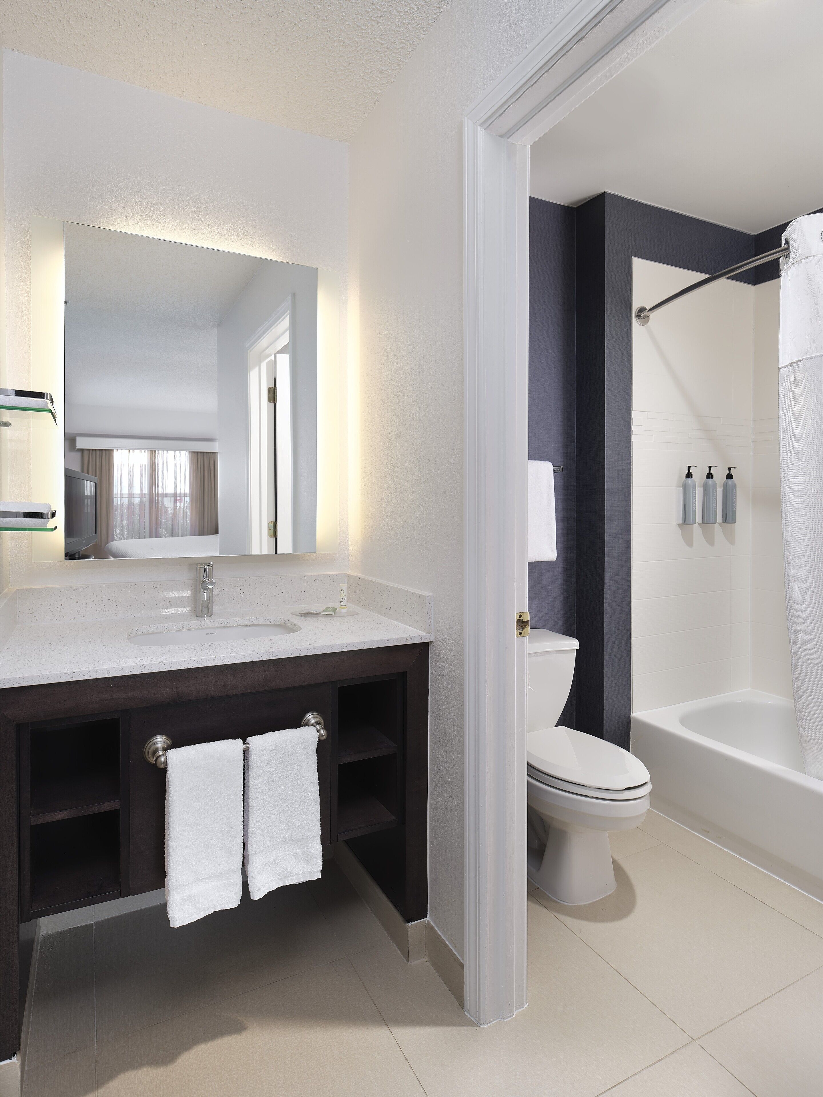 combined shower/bathtub, free toiletries, hair dryer, towels