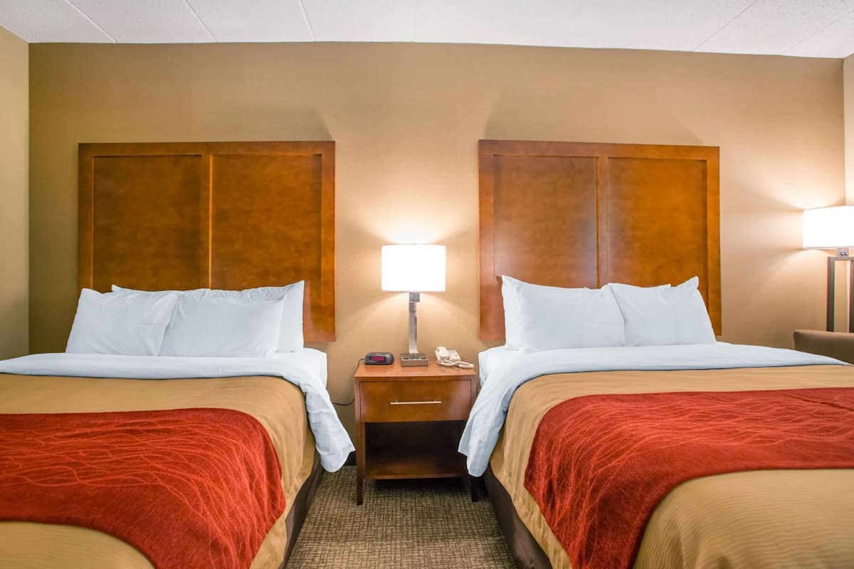 A hotel room with two beds, a nightstand with a lamp, and a wall-mounted telephone.