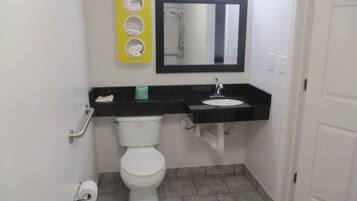 Une salle de bain avec des toilettes, un lavabo et un miroir. On peut voir des serviettes et un rouleau de papier toilette.
