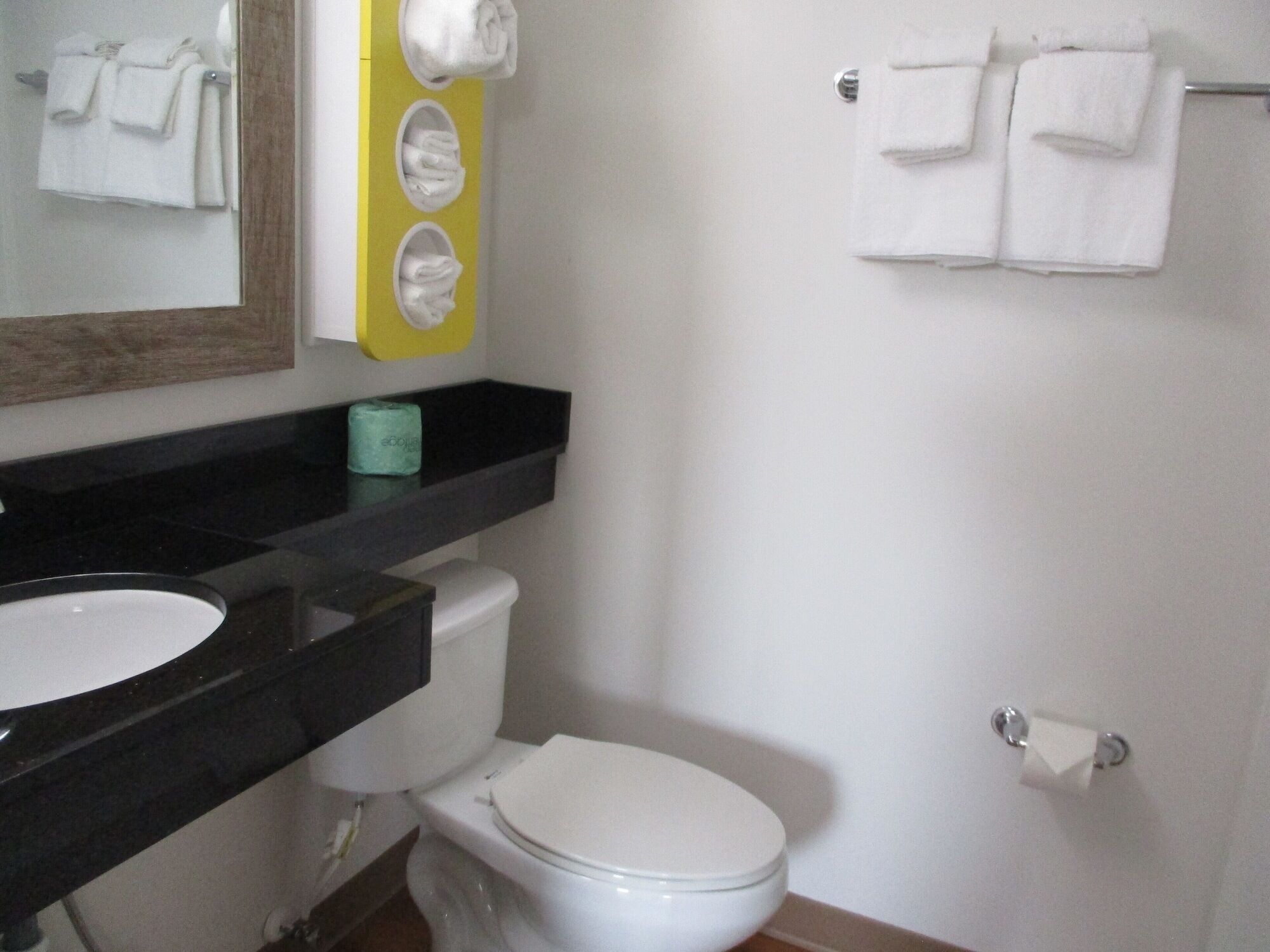 Een badkamer met een wit toilet, een wastafel en een spiegel. Handdoeken hangen aan een rek en er is een toiletrolhouder aan de muur.