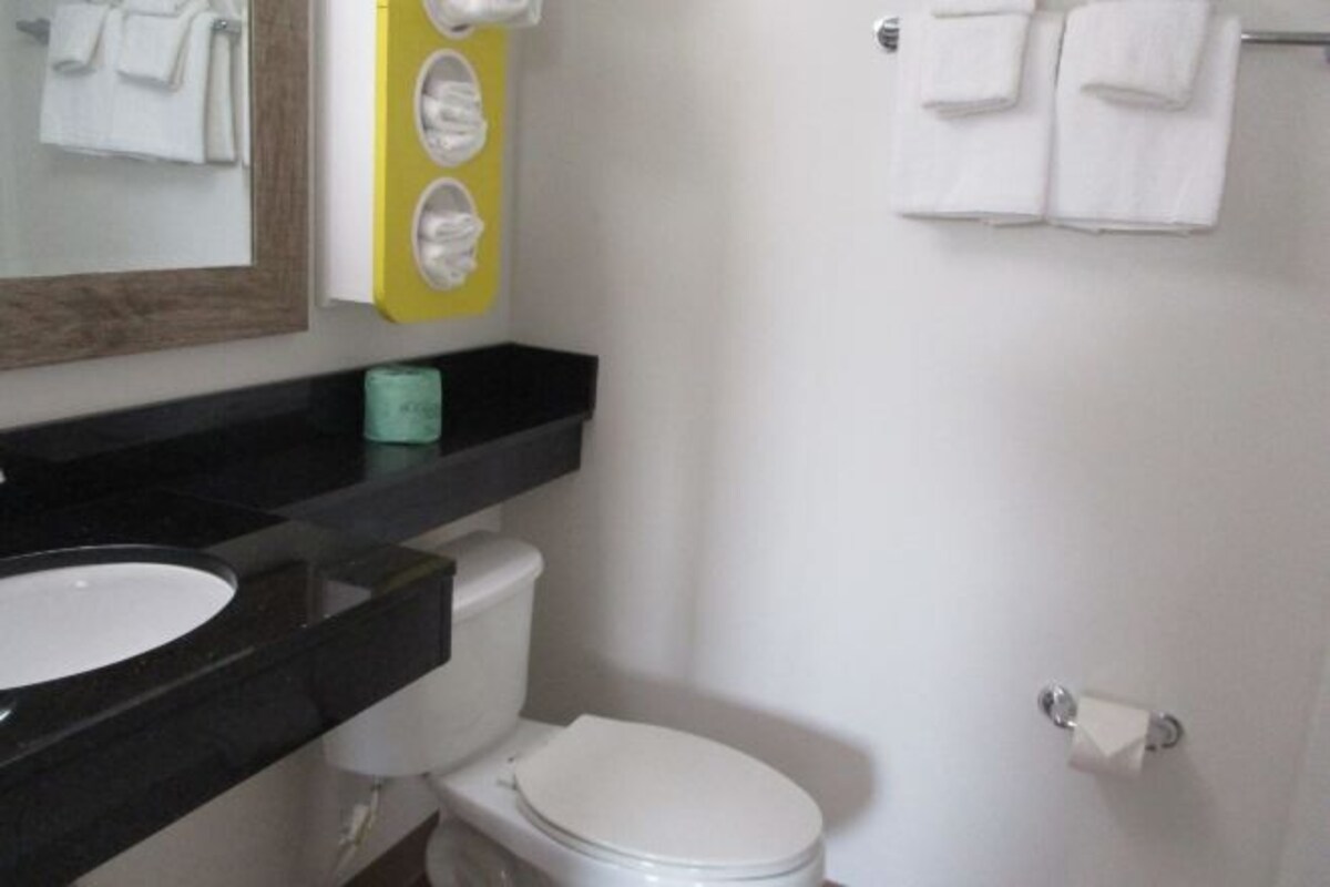 A bathroom with a toilet, sink, and towel rack.