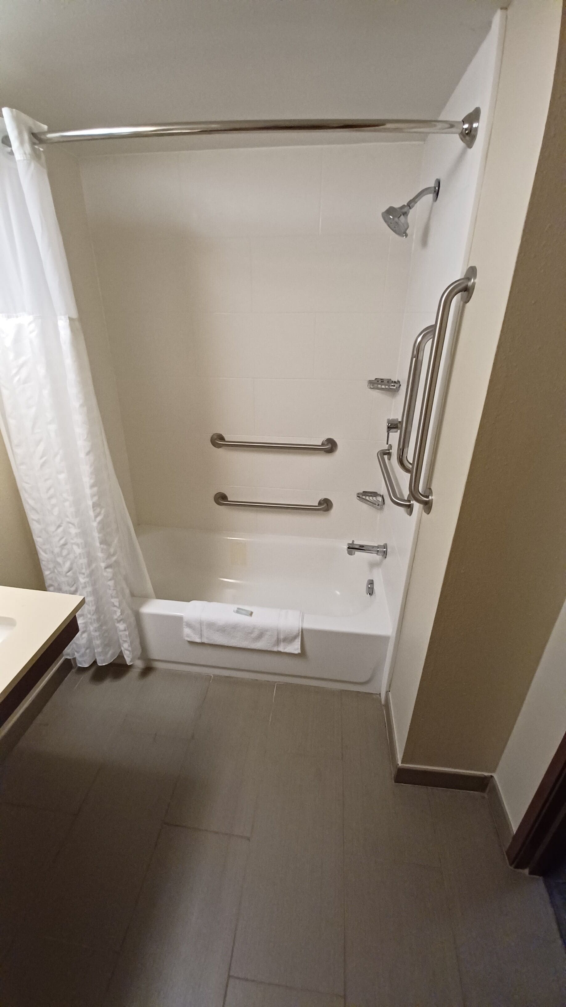 Une salle de bain moderne dotée d’une douche à l’italienne, de barres d’appui et d’une baignoire.