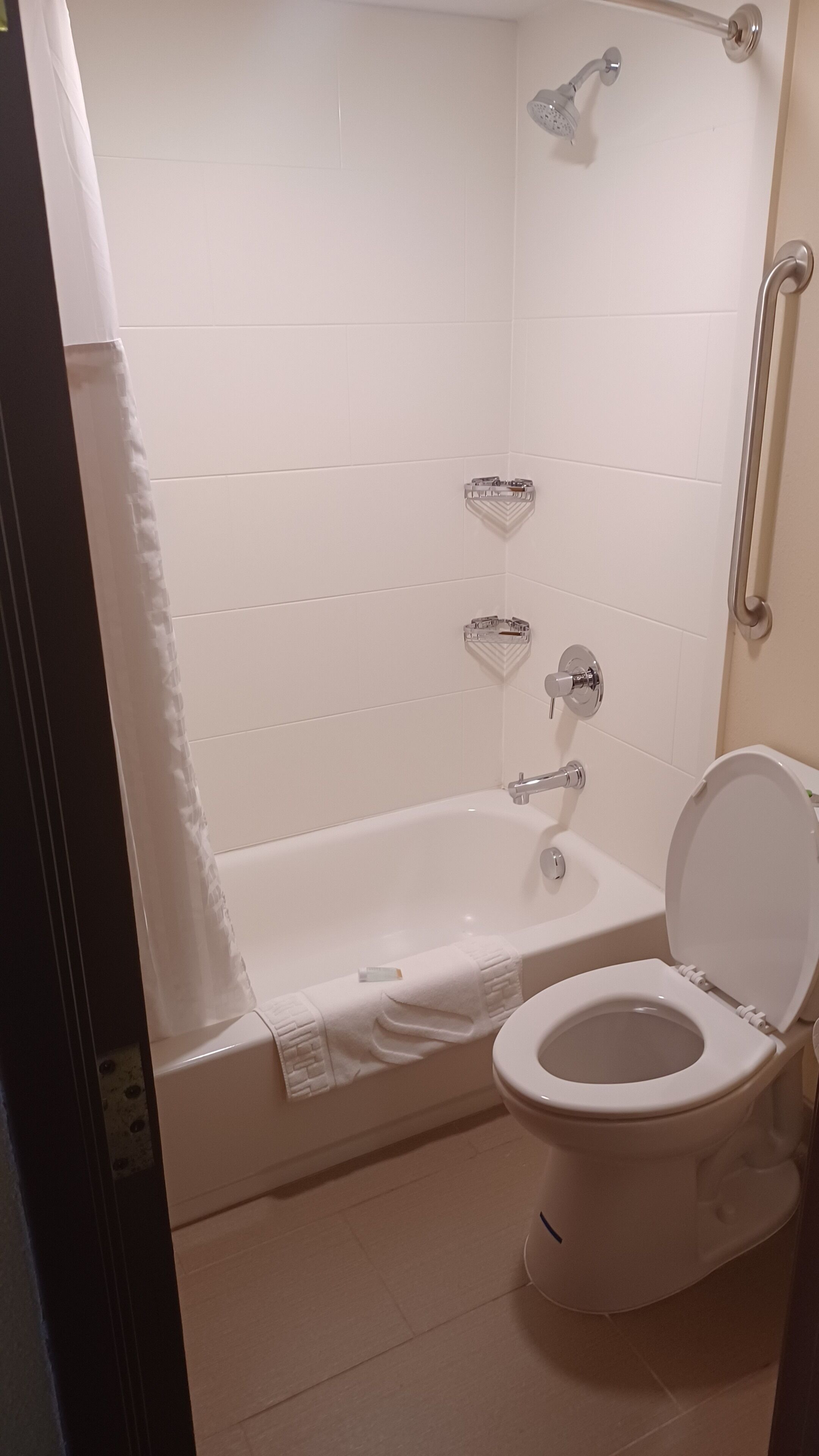 Ein Badezimmer mit Badewanne, Toilette und Dusche.