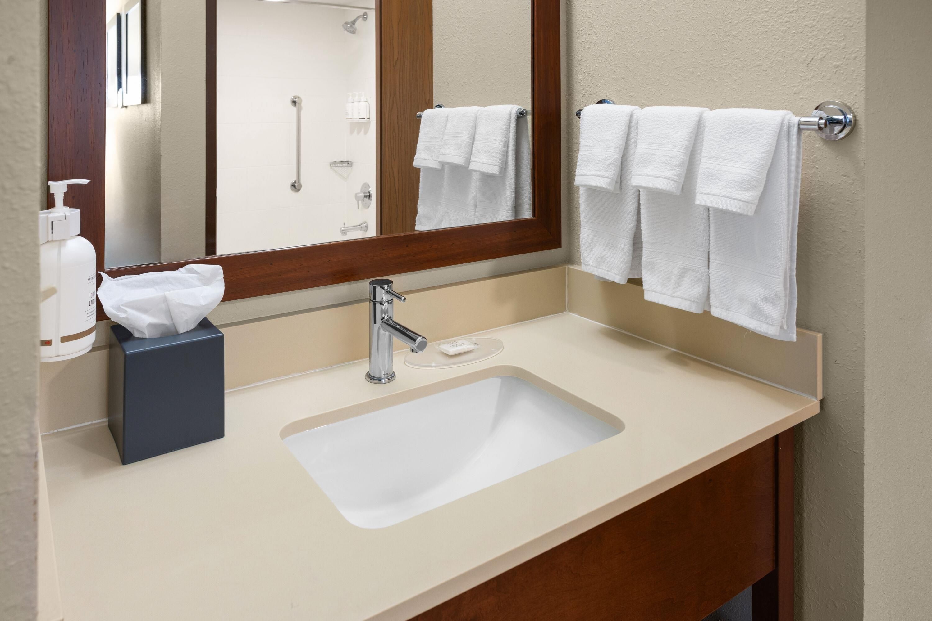 A bathroom with a sink, mirror, and towel rack.