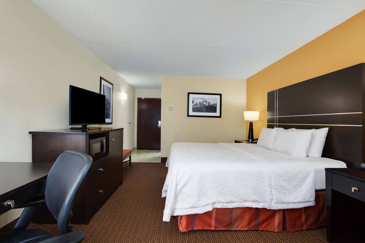 A hotel room with a bed, desk, chair, television, and a framed picture on the wall.