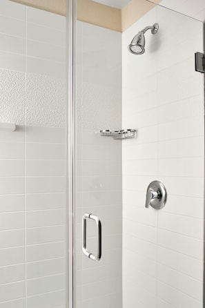 Shower, deep soaking tub, free toiletries, hair dryer