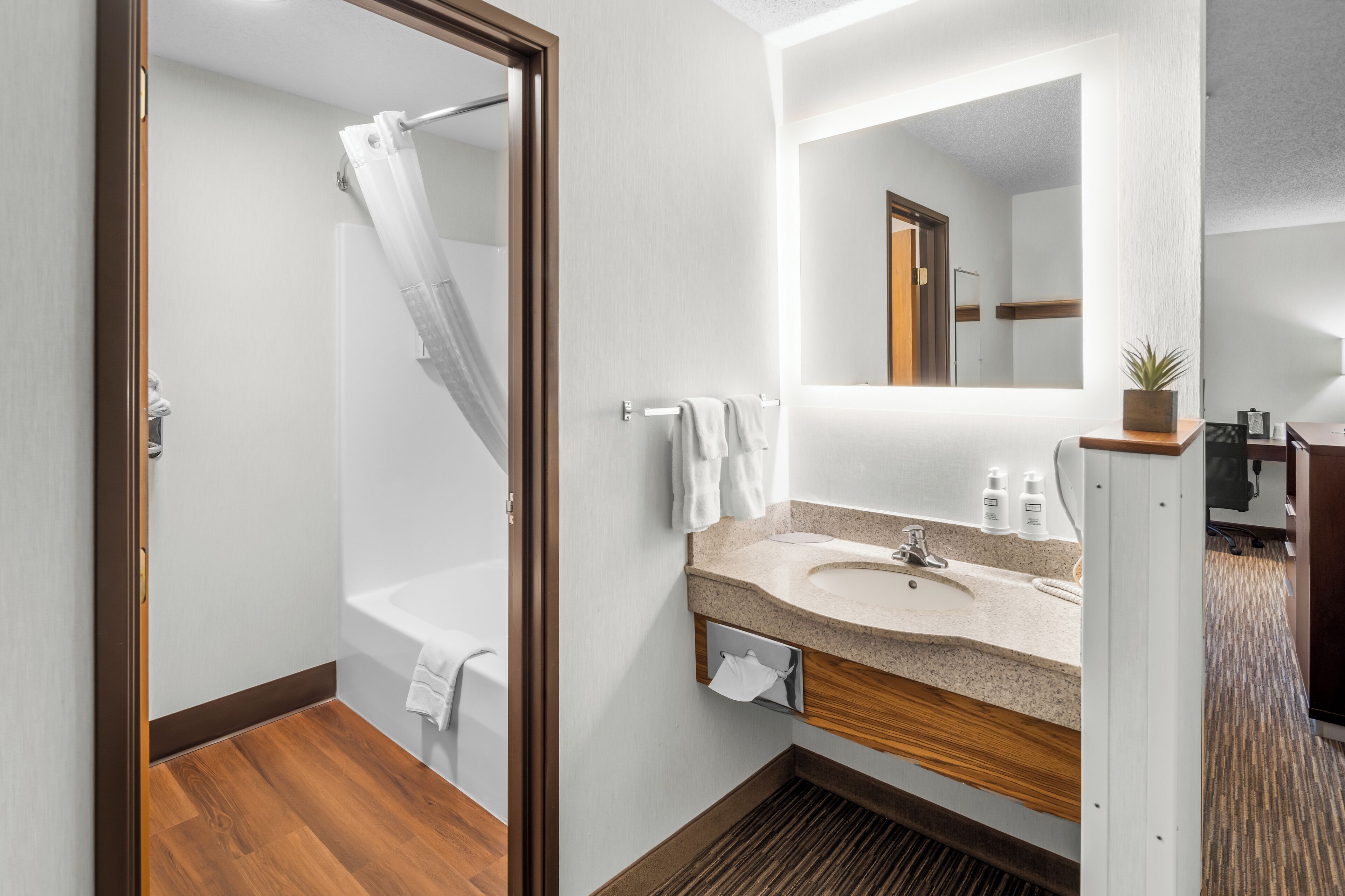 Een moderne badkamer met een houten vloer, een badkuip, een douche met gordijn, een wastafel met spiegel en een kleine potplant.