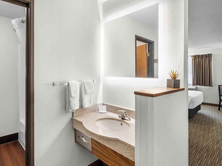 Un baño de hotel con lavamanos, espejo, toallero y zona de ducha.