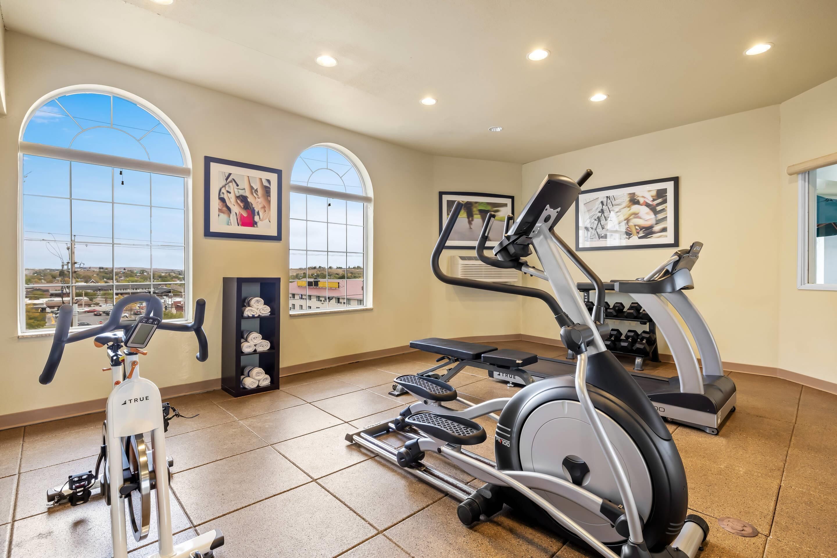 A gym with exercise equipment, large windows, and artwork on the walls.