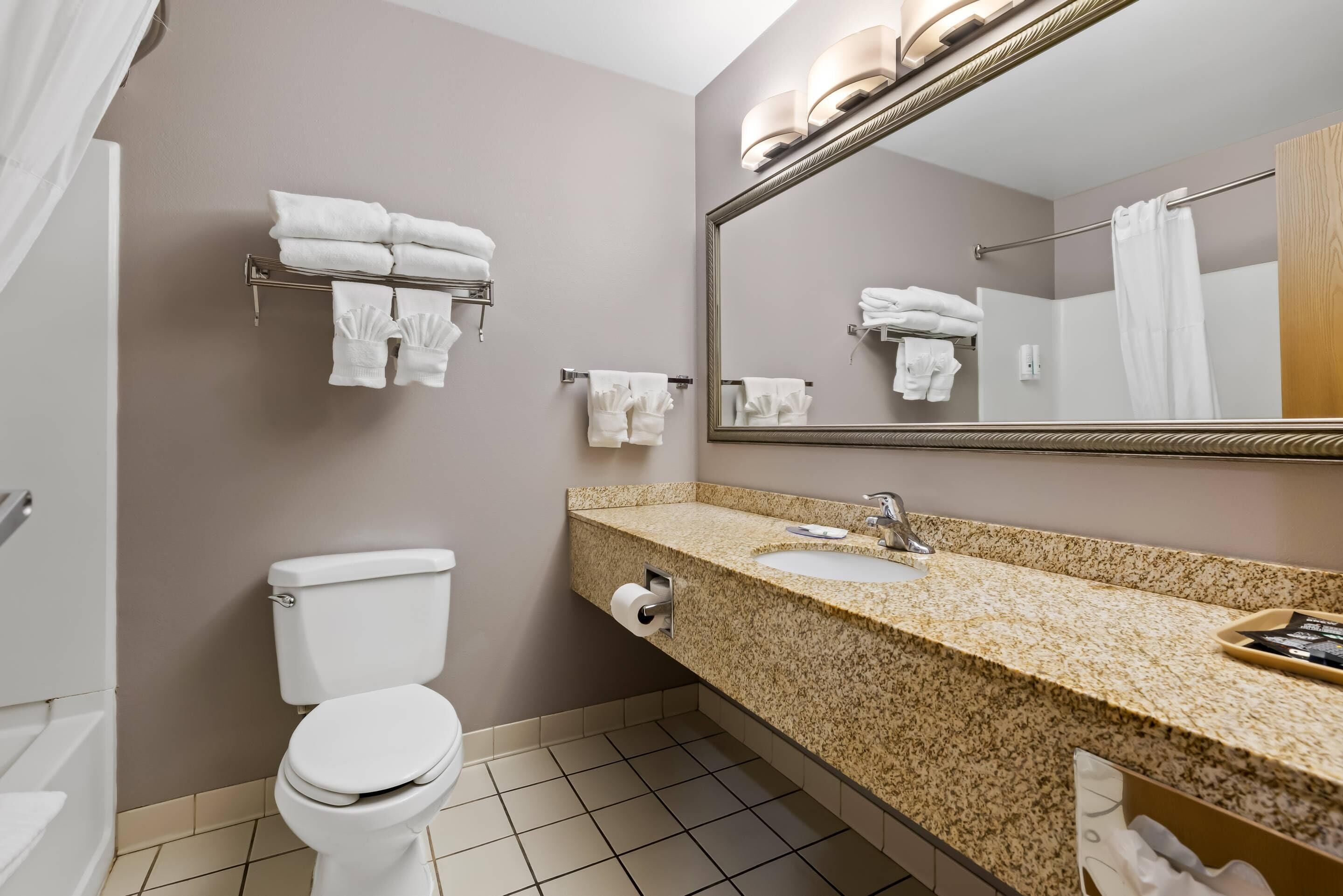 Une salle de bain moderne équipée de toilettes, d’un lavabo et d’un porte-serviettes.