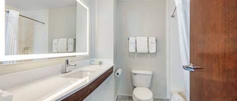 Un baño moderno con un espejo grande, un lavamanos, un inodoro y una ducha.