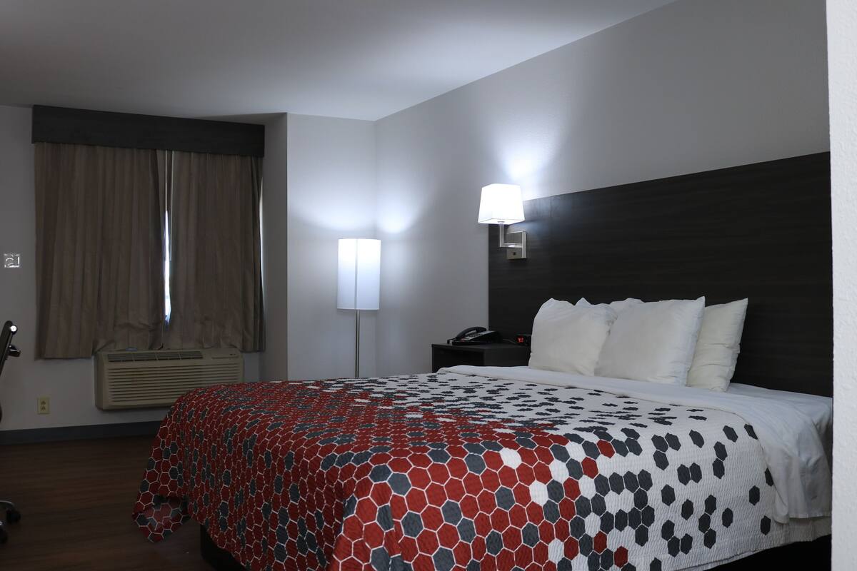 A hotel room with a large bed, a bedside lamp, a nightstand, and a window with curtains.