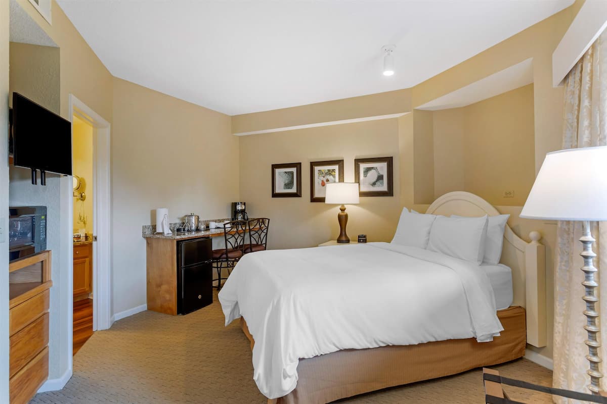 A hotel room with a bed, desk, chair, and a television.