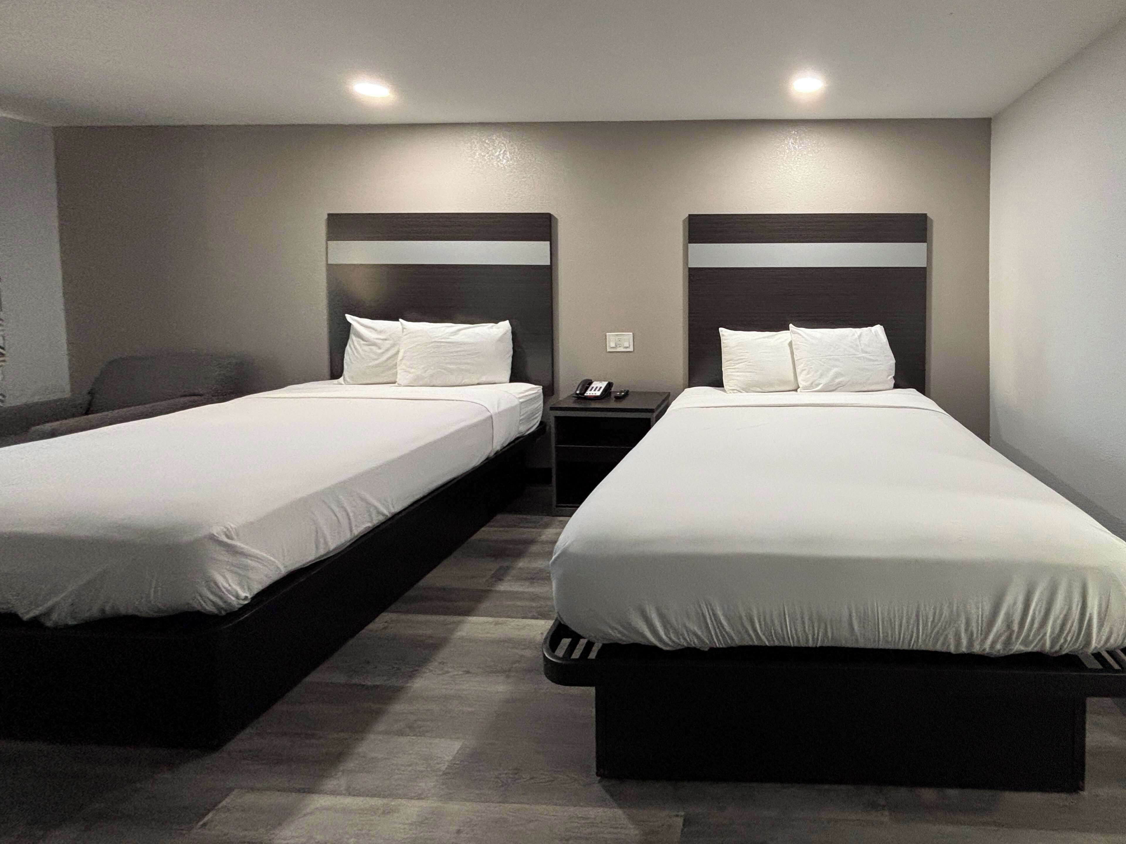 Une chambre d’hôtel avec deux lits simples, une petite table de chevet avec un téléphone et une commode.