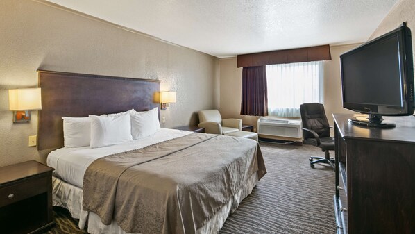Relax in comfort with a large bed, flat-screen TV, and desk workspace.