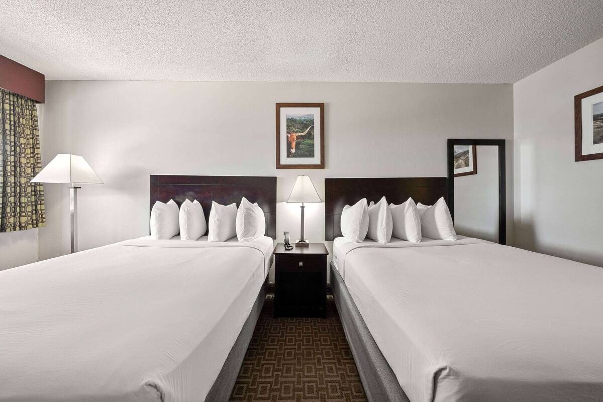 A hotel room with two beds, a nightstand with lamps, a framed picture on the wall, and a patterned carpet.