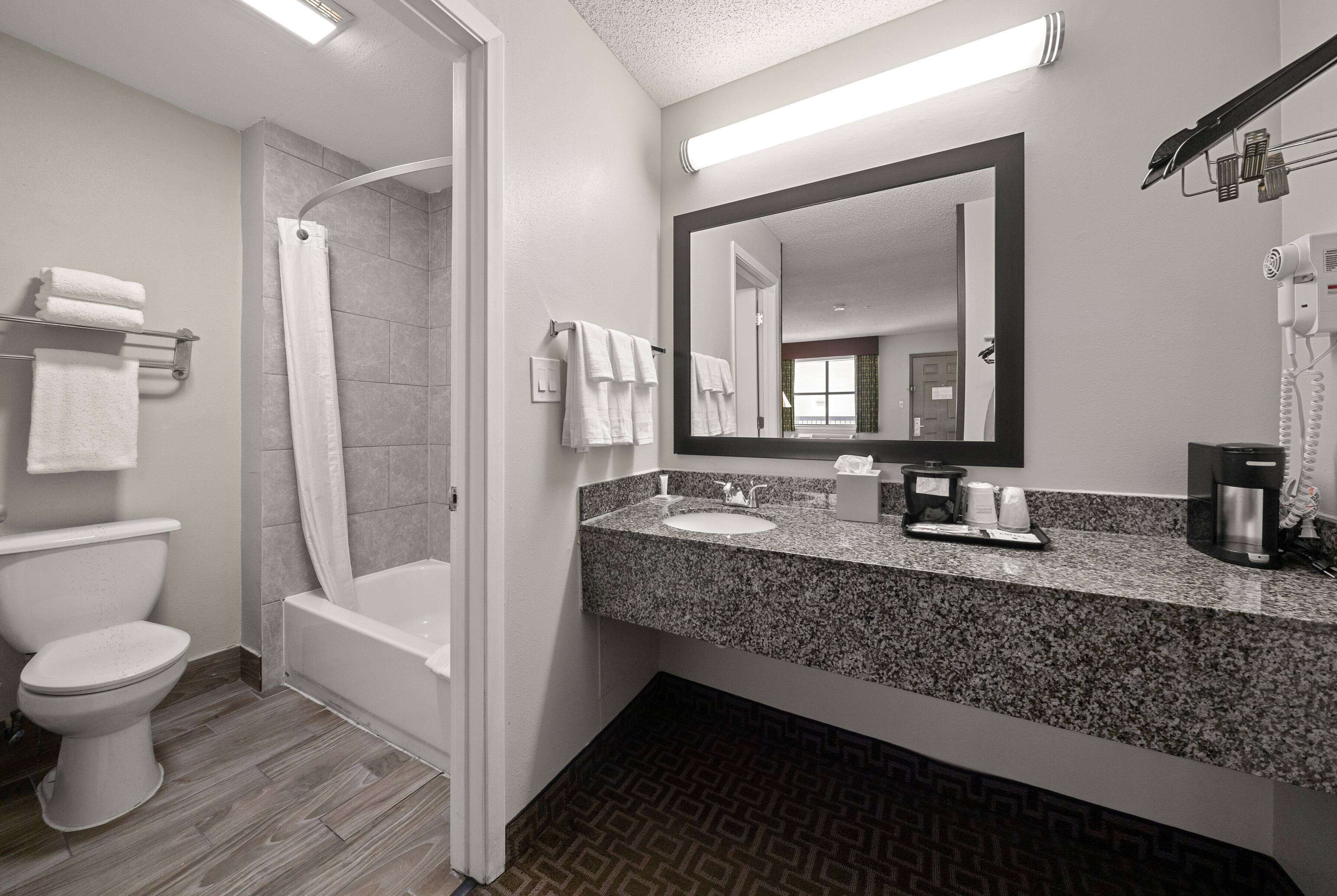 A modern bathroom with a shower, toilet, sink, and a large mirror.