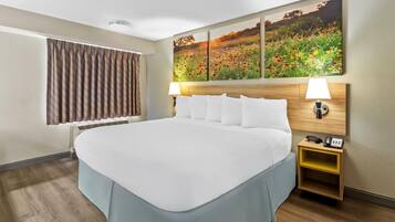 A hotel room with a large bed, two bedside lamps, a nightstand with a phone, and a wall-mounted painting of a field.