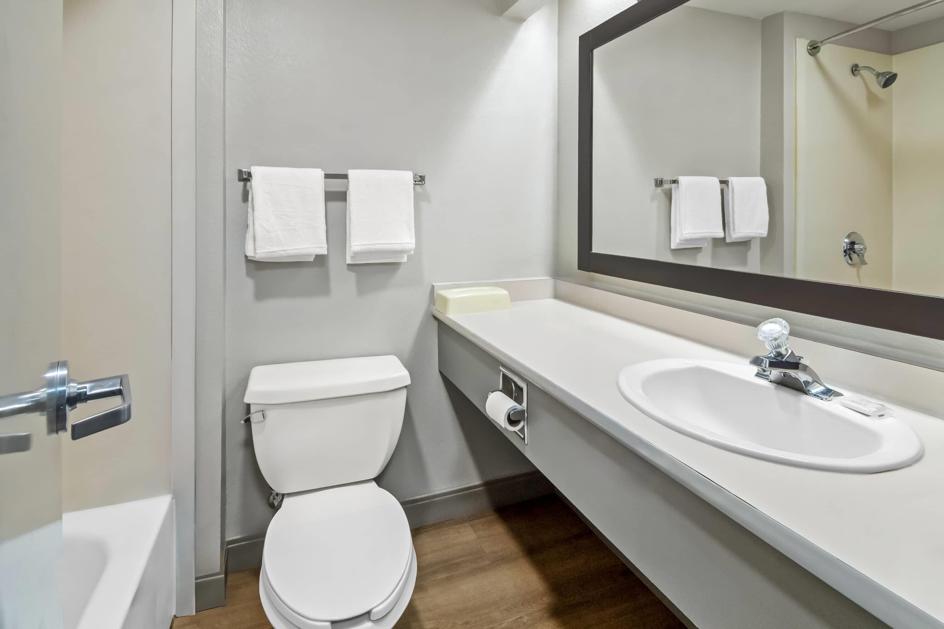 A modern bathroom with a white toilet, a sink, and a mirror.