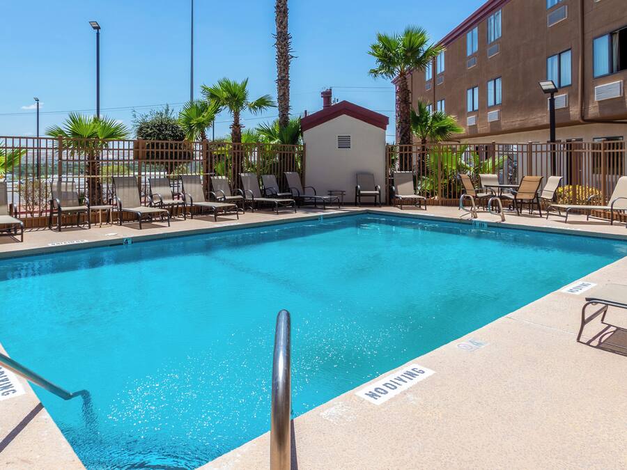 Una piscina rectangular con una escalera metálica, rodeada de sillas de descanso y palmeras, con un edificio al fondo.