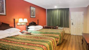 Desk, blackout drapes, bed sheets