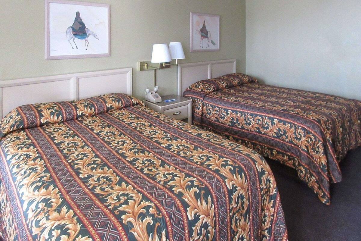 A hotel room with two beds, each with patterned bedspreads, a nightstand with a lamp, and two framed pictures on the wall.