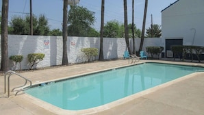 A rectangular swimming pool with a metal ladder on one side, surrounded by a concrete deck. There are two small bushes and a white wall with warning signs. - Rodeway Inn San Juan (San Juan)