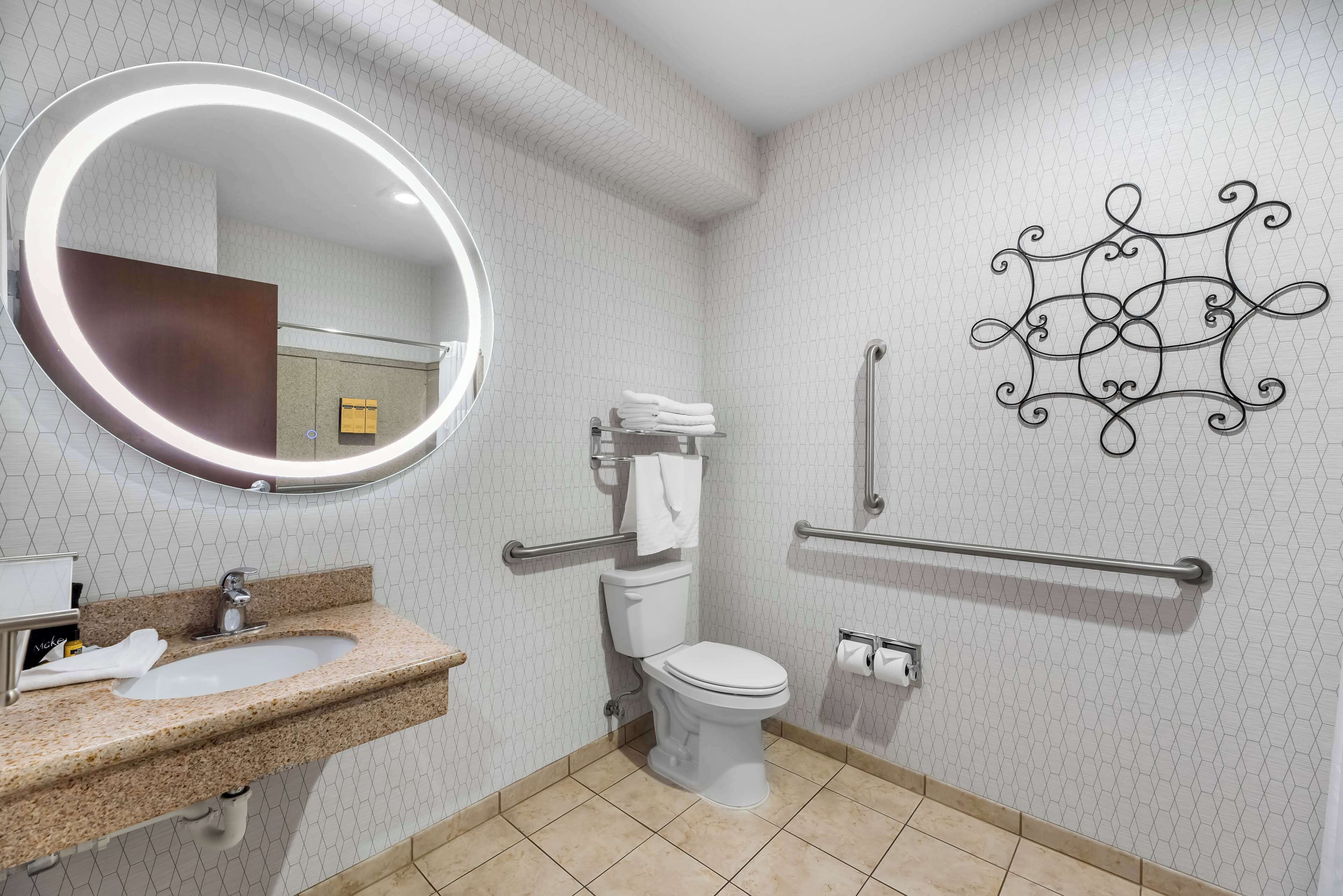 A bathroom with a sink, toilet, and handrails.